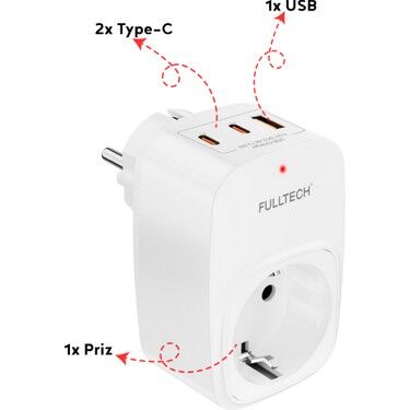 Akım Korumalı Priz 1x Priz, 2x Type-C, 1x USB Port Çıkışlı Tekli Priz