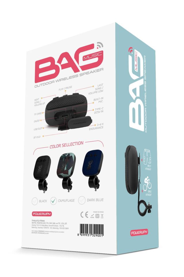 Powerway Bag Kamuflaj Bisiklet, Motorsiklet Uyumlu Gidon Aparatlı Bluetooth Hoparlör