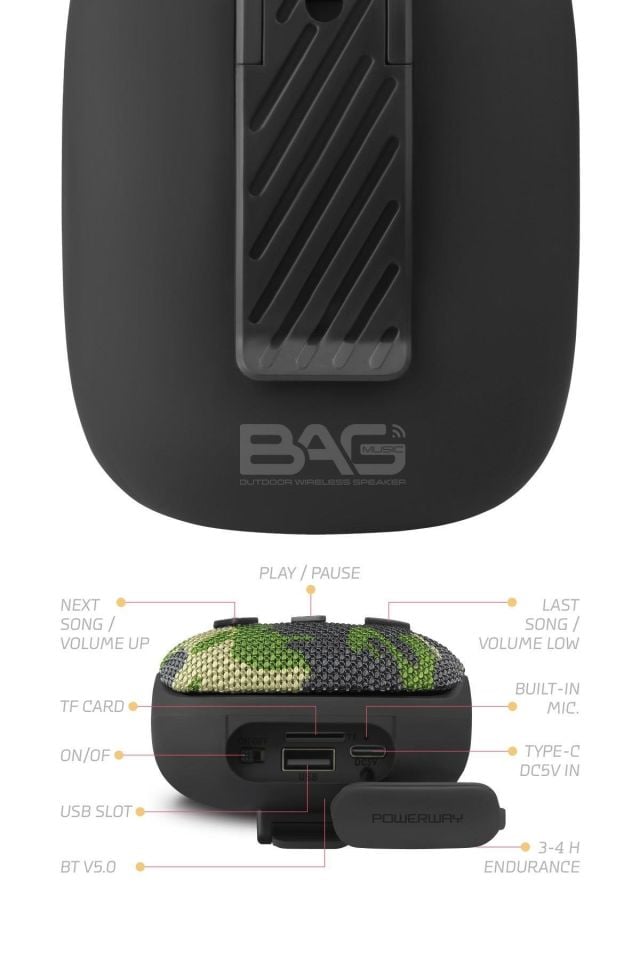 Powerway Bag Kamuflaj Bisiklet, Motorsiklet Uyumlu Gidon Aparatlı Bluetooth Hoparlör