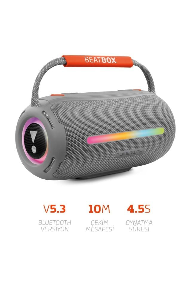 Powerway BeatBox Gri Led Işıklı Dayanıklı Ses Bombası Usb Sd Aux FM Radyo Bluetooh Hoparlör