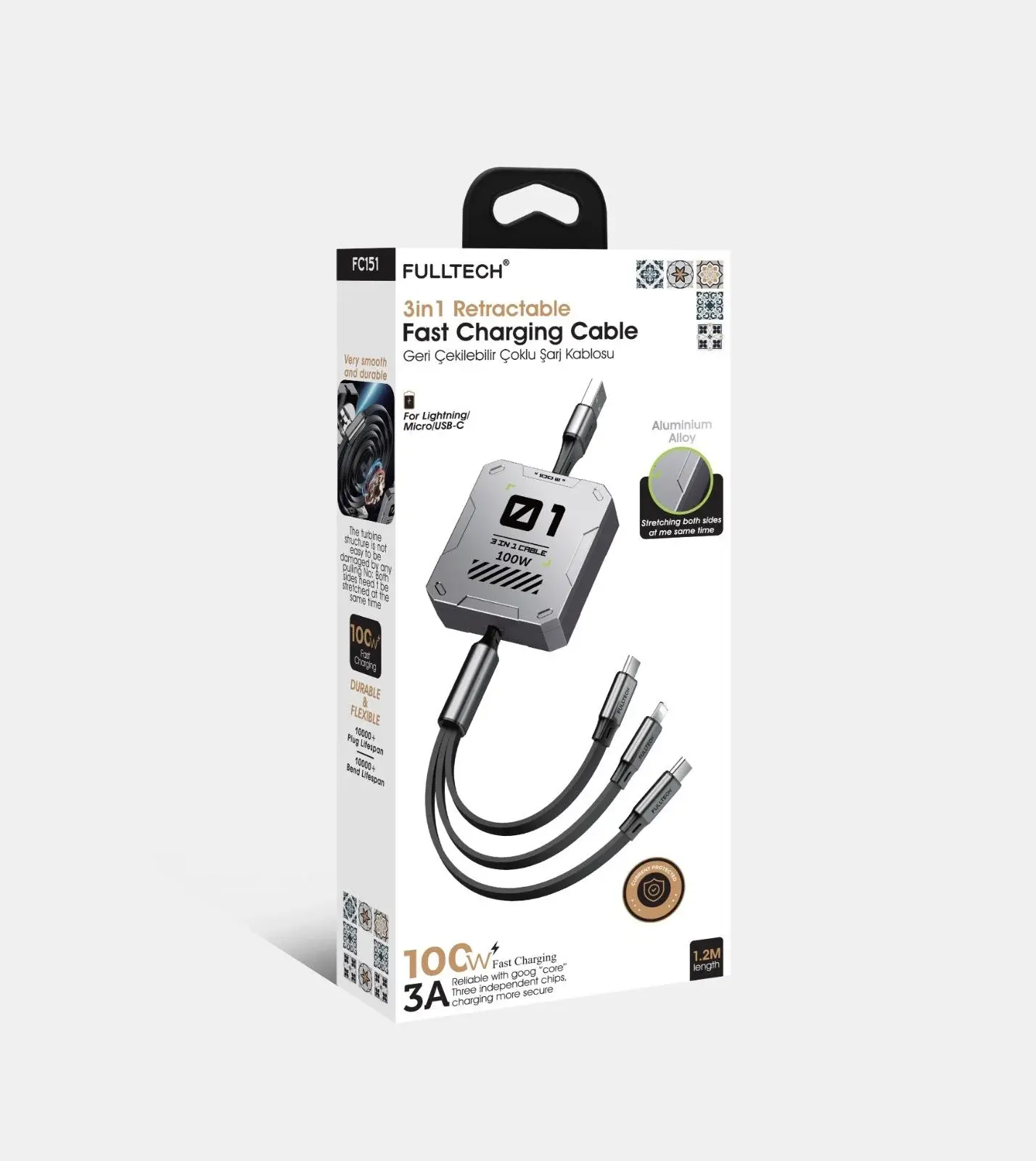 FC151 3 in 1 100W 3A Hızlı Şarjlı 1.2 Metre Geri Çekilebilir Çoklu Şarj Kablosu