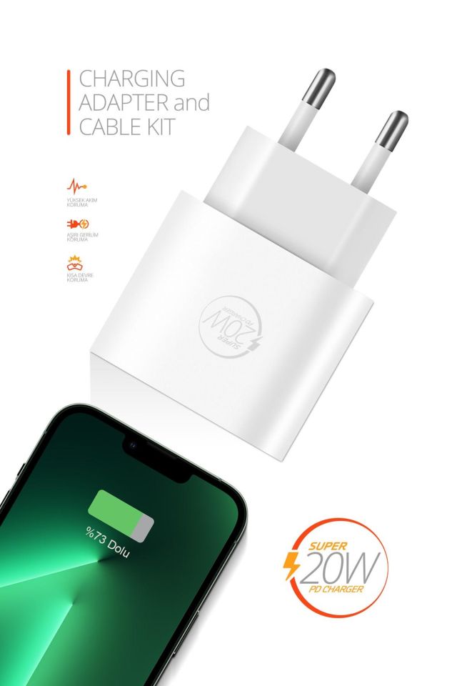 Powerway RXS20 PD 20W Type-C Girişli Hızlı Şarj Seti Kablo Dahil