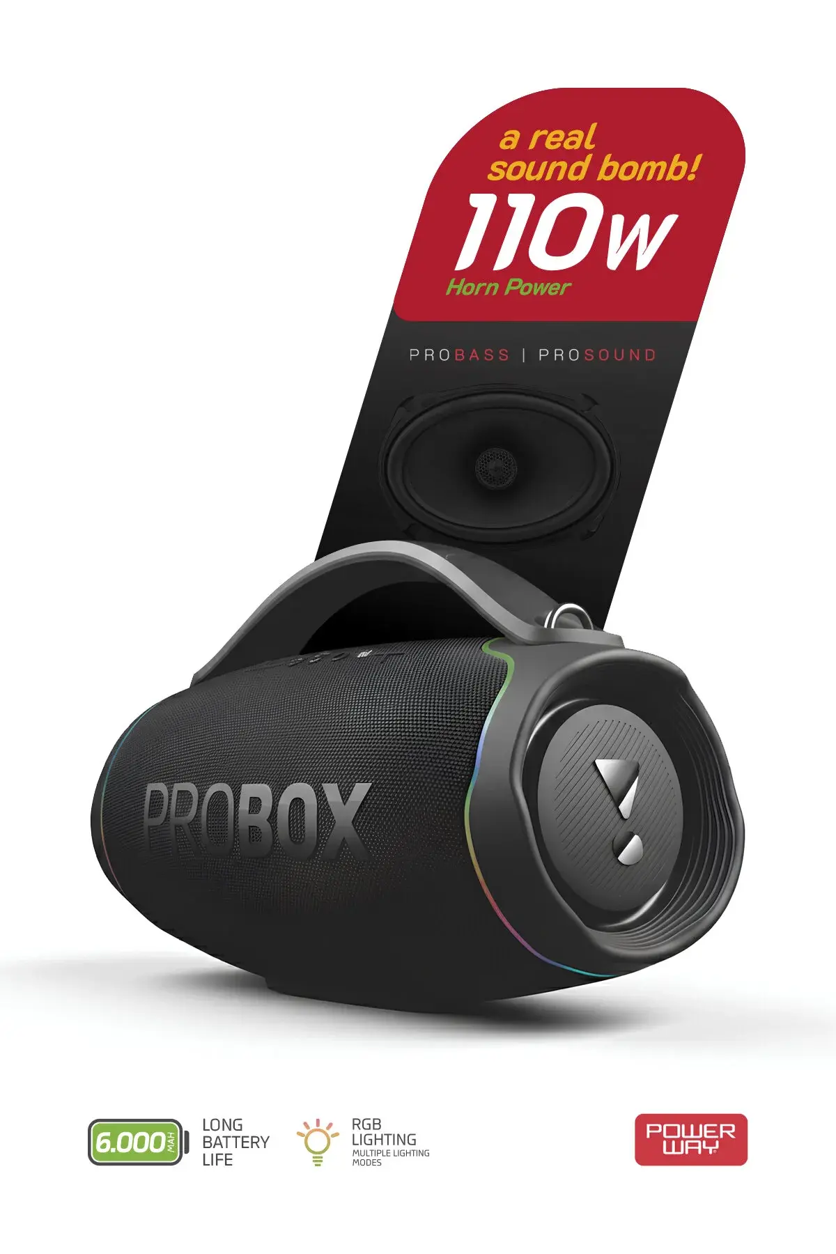 Powerway Probox 110W Güç Usb Hafıza Kartı Aux Fm Led Işıklı Bluetooth Hoparlör Hi-Fi Ses Bombası