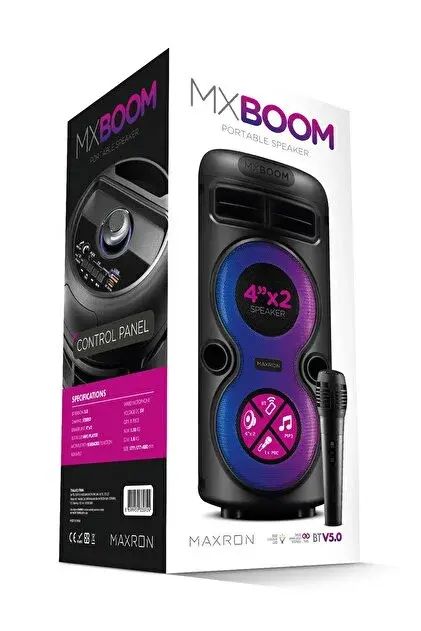 Maxron MXBoom Karaoke Mikrofonlu Bluetooth Hoparlör Parti Led Işıklı Ses Sistemi