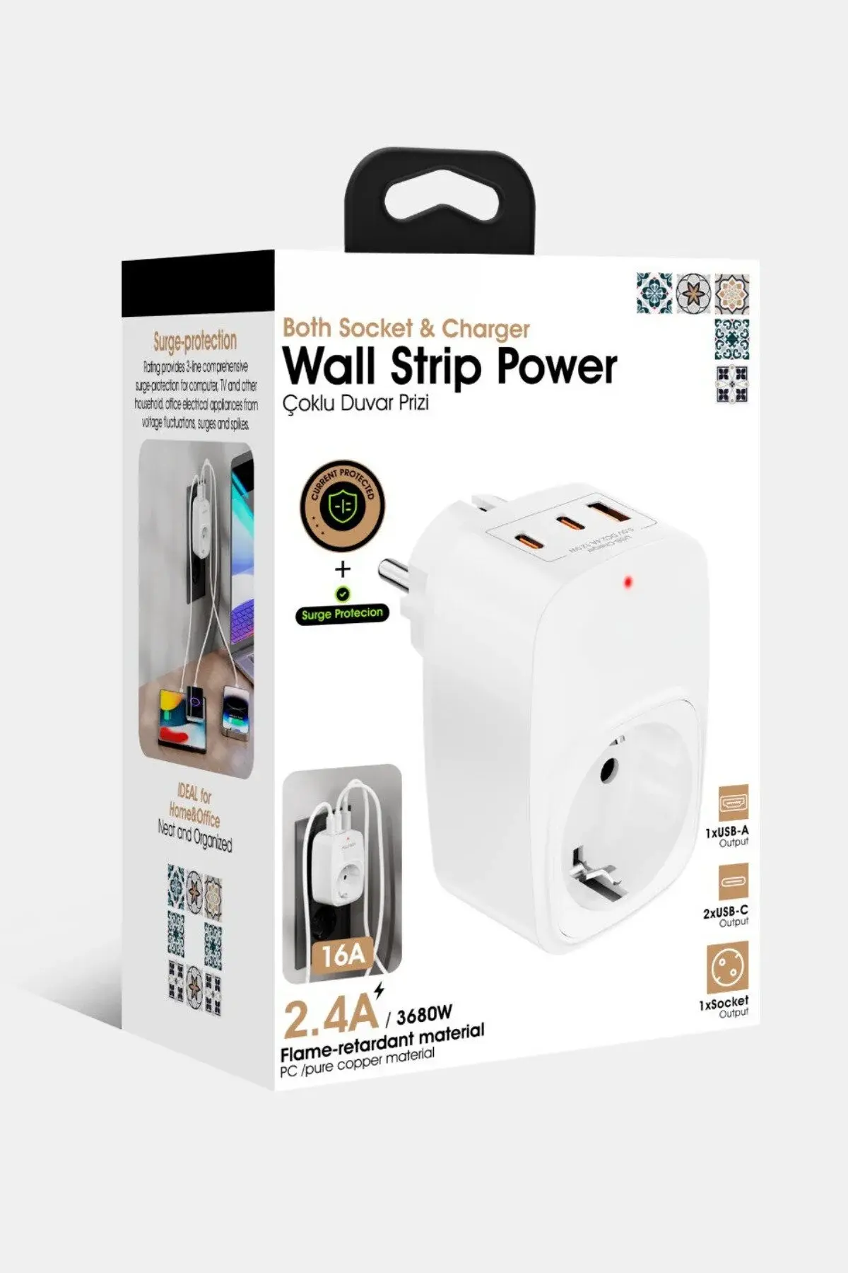 Full Tech FTR-24 Akım Korumalı Priz 1x Priz, 2x Type-C, 1x USB Port Çıkışlı Tekli Priz