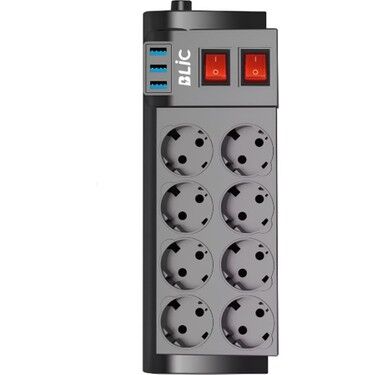 Blic Ftr-08 Isıya Karşı Dayanıklı, 8 x Priz - 3 x USB - 2 Metre Kablo Uzunluğu Termal Akım Korumalı 8'li Grup Priz