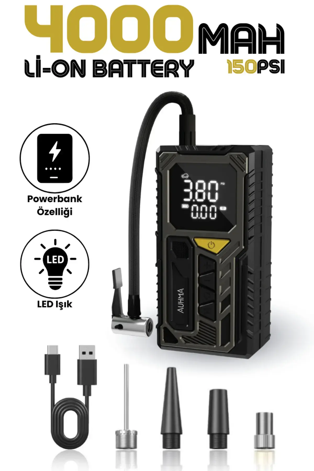 4000mAh Hava Kompresörü Powerbank Özellikli Kompresör Araba Bisiklet Top Lastik Şişirme Pompası