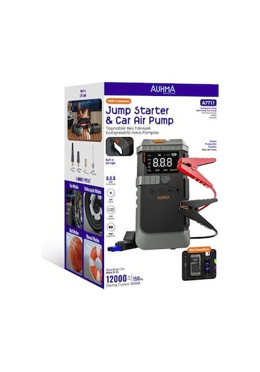 Auhma A7711 Jump Starter / Akü Takviye Cihazı 4'ü 1 Arada Powerbank, Hava Kompresörü, Lcd Ekran