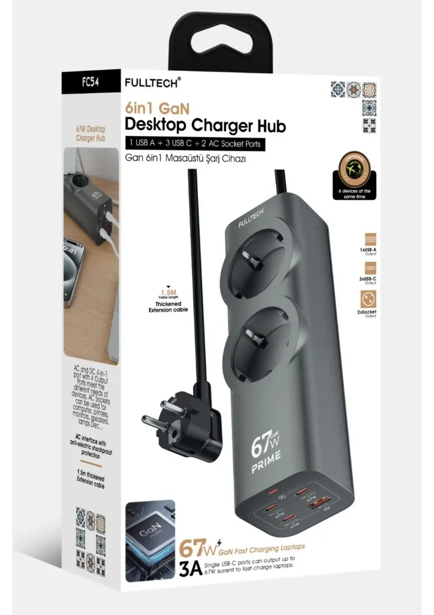 FULLTECH FC54 67W Gan 6in1 Masaüstü Şarj Istasyonu 3x Type-C, 2x Priz, 1x USB Hub ve Çoklu Priz Macbook, Iphone, Samsung Uyumlu