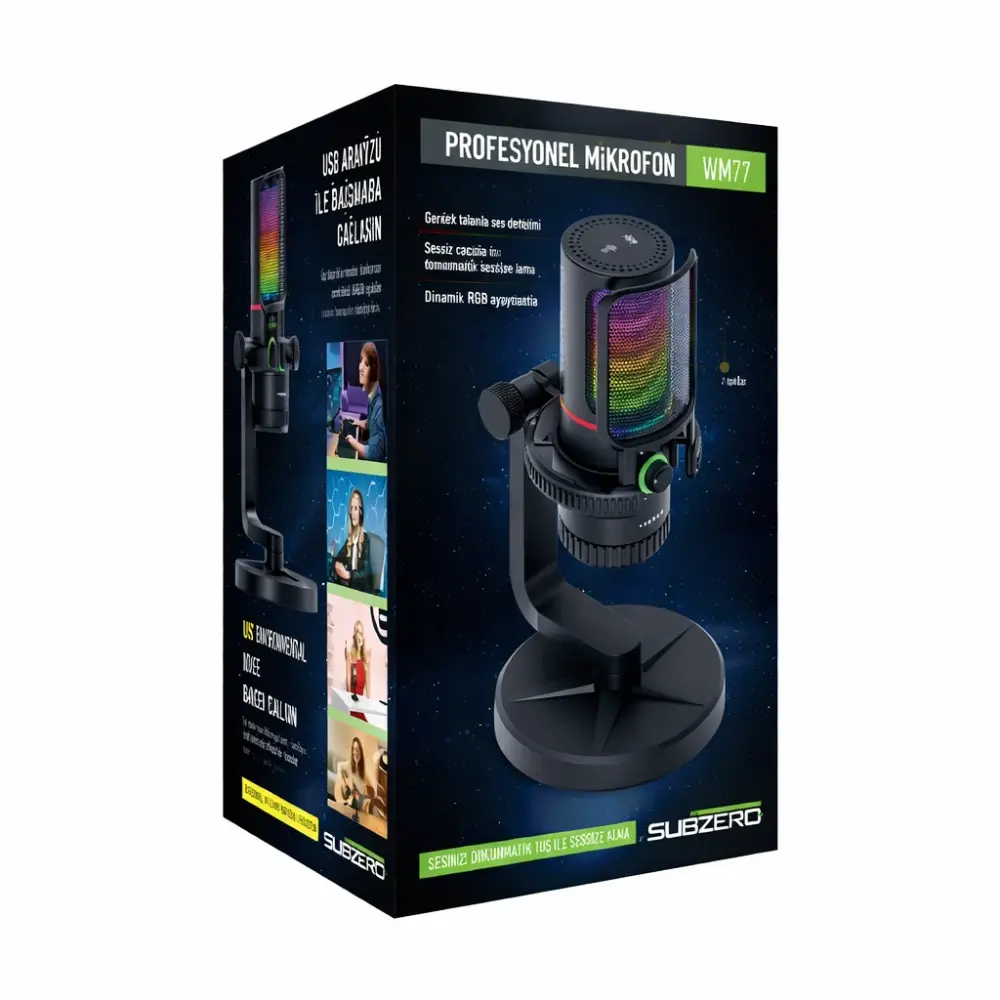 Subzero WM77 Profesyonel Podcast Vokal Kayıt Mikrofonu | USB | ENC | RGB Işıklı