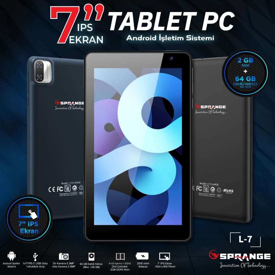 SPRANGE L7 IPS Ekran TYPE-C Şarj Girişli 7\'\' 2GB / 64GB 4 Çekirdekli Kılıf Hediyeli Tablet Pc