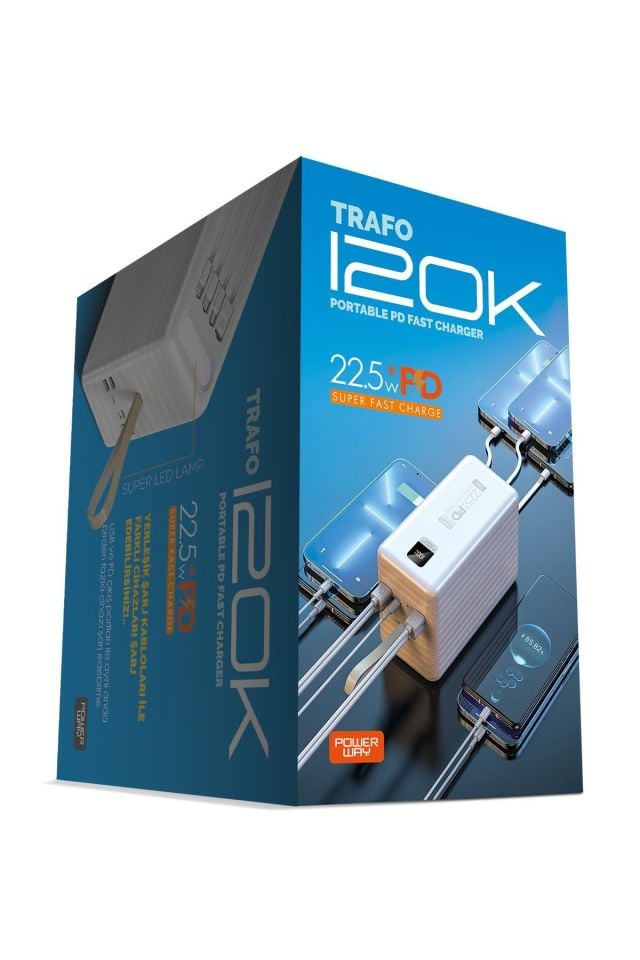 Powerway TRAFO120 Beyaz 120.000 Mah PD 22.5W Dahili Kablolu Hızlı Şarj Işıklı Powerbank