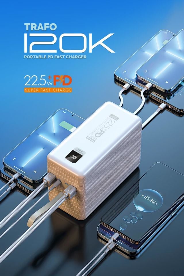 Powerway TRAFO120 Beyaz 120.000 Mah PD 22.5W Dahili Kablolu Hızlı Şarj Işıklı Powerbank