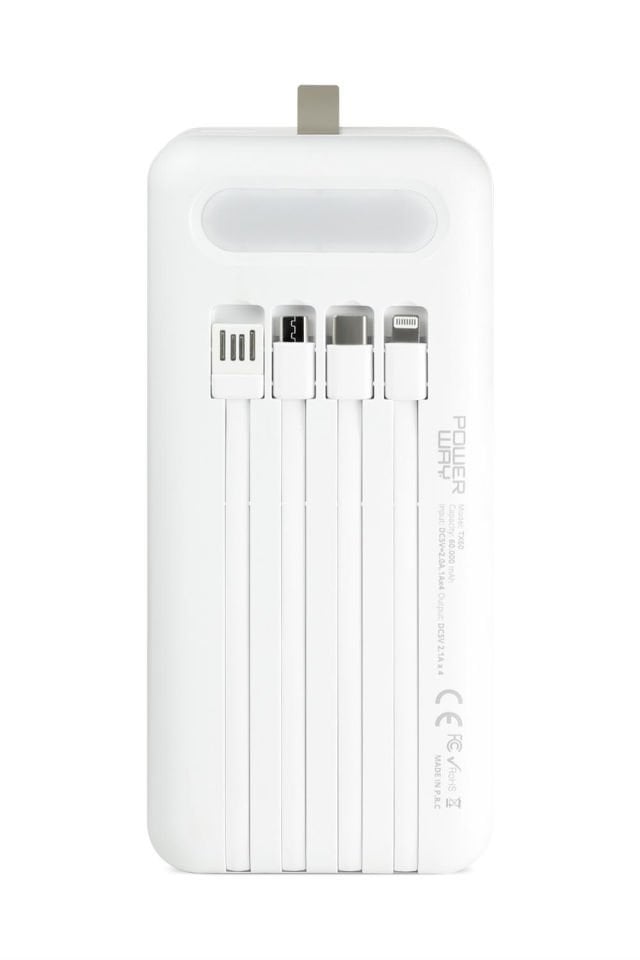 Powerway TX60 Beyaz 60.000 mAh Çoklu Çıkış Dijital Göstergeli Ekstra Kablolu Powerbank