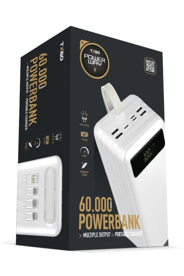 Powerway TX60 Beyaz 60.000 mAh Çoklu Çıkış Dijital Göstergeli Ekstra Kablolu Powerbank