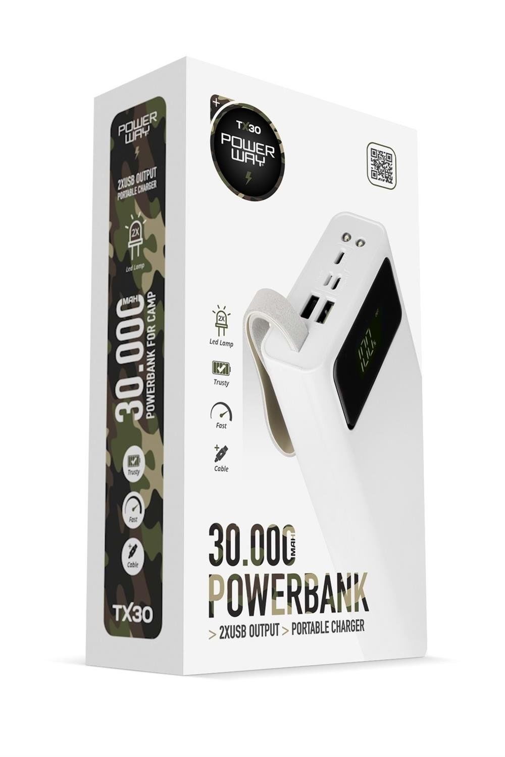 Powerway 30.000 Mah Dijital Göstergeli Gerçek 30.000 Mah Garantili Işıklı Type-c Girişli Tx30 Beyaz Powerbank