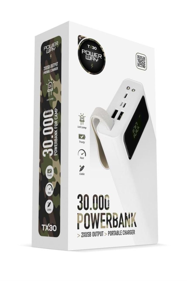 Powerway 30.000 Mah Dijital Göstergeli Gerçek 30.000 Mah Garantili Işıklı Type-c Girişli Tx30 Beyaz Powerbank