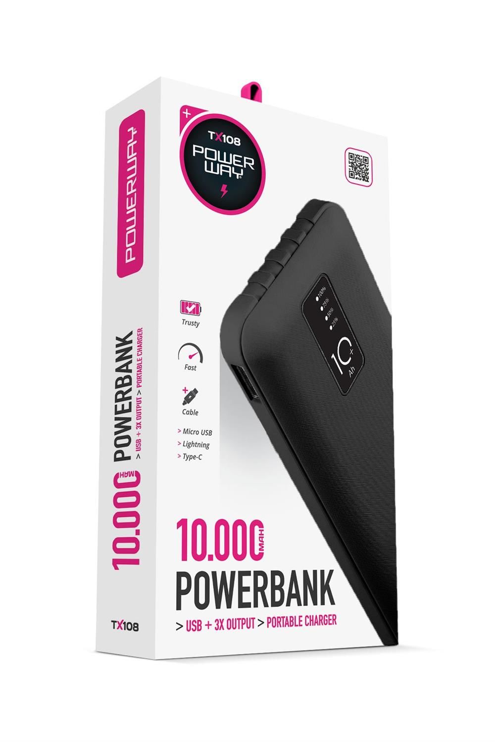 Powerway TX108 Siyah 10.000 mAh Dijital Göstergeli Ekstra Kablolu 4 Çıkışlı Powerbank