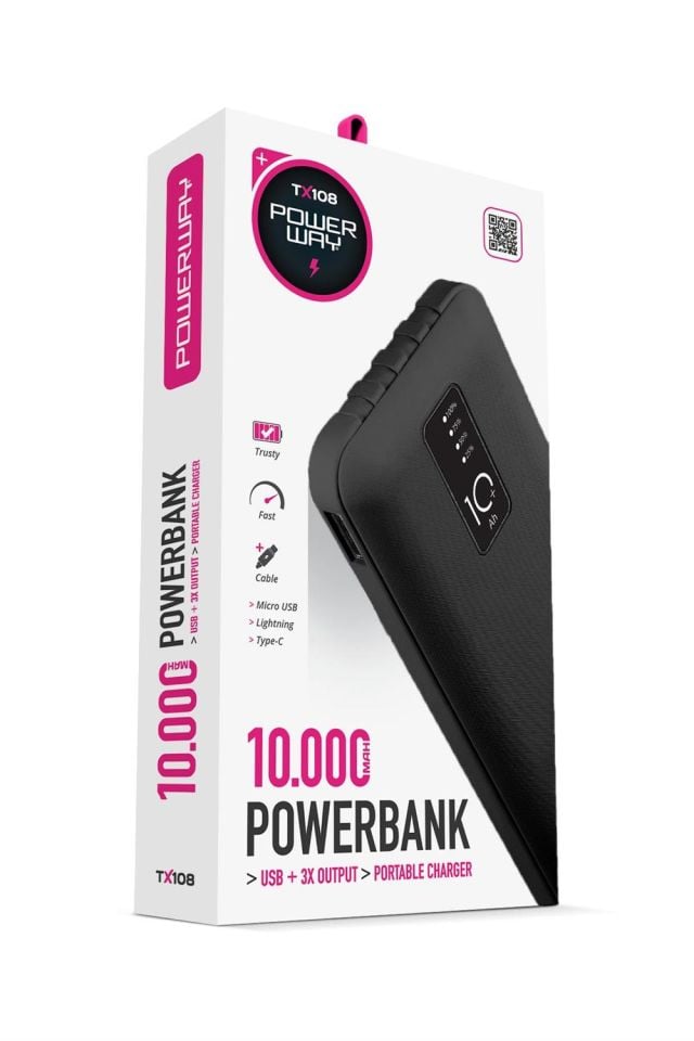 Powerway TX108 Siyah 10.000 mAh Dijital Göstergeli Ekstra Kablolu 4 Çıkışlı Powerbank