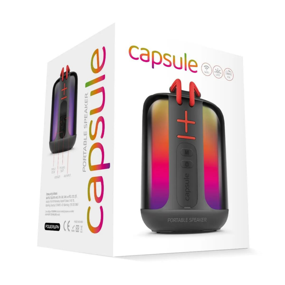 Powerway Capsule Taşınabilir Bluetooth Hoparlör Ses Bombası Yüksek Ses Gücü Sese Duyarlı Led Işık