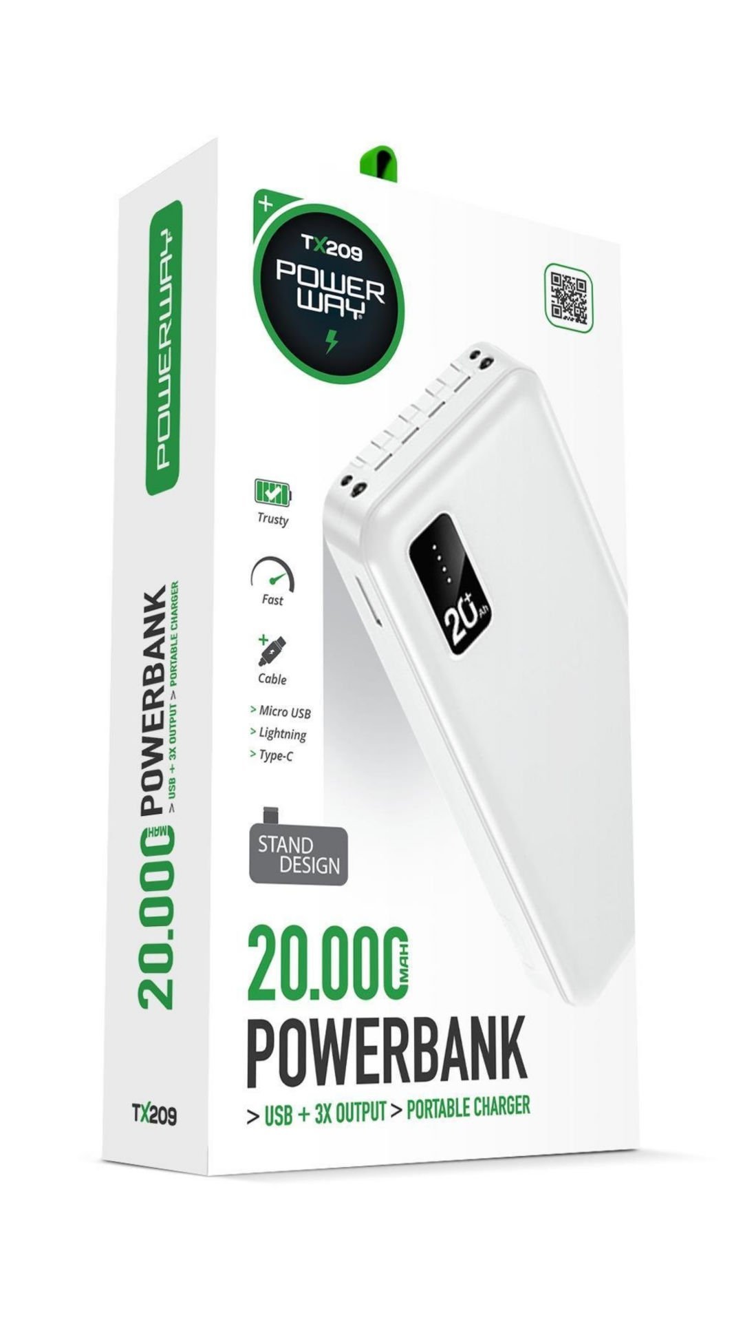Powerway TX209 Beyaz 20.000 mAh Dijital Göstergeli Ekstra Kablolu Dahili Stand Powerbank