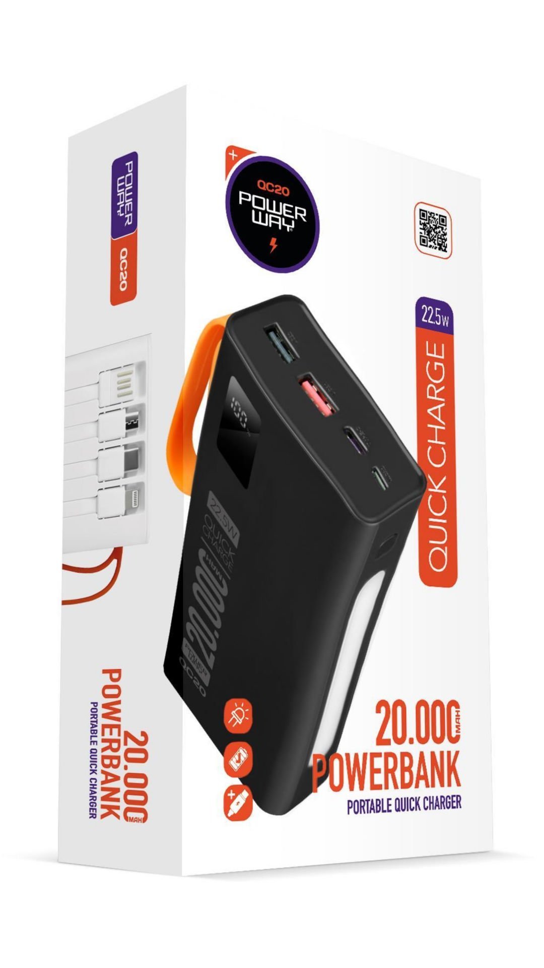 Powerway QC20 Siyah 20.000 Mah PD 22.5W Dahili Kablolu Hızlı Şarj Led Işıklı Powerbank