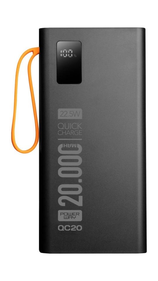 Powerway QC20 Siyah 20.000 Mah PD 22.5W Dahili Kablolu Hızlı Şarj Led Işıklı Powerbank