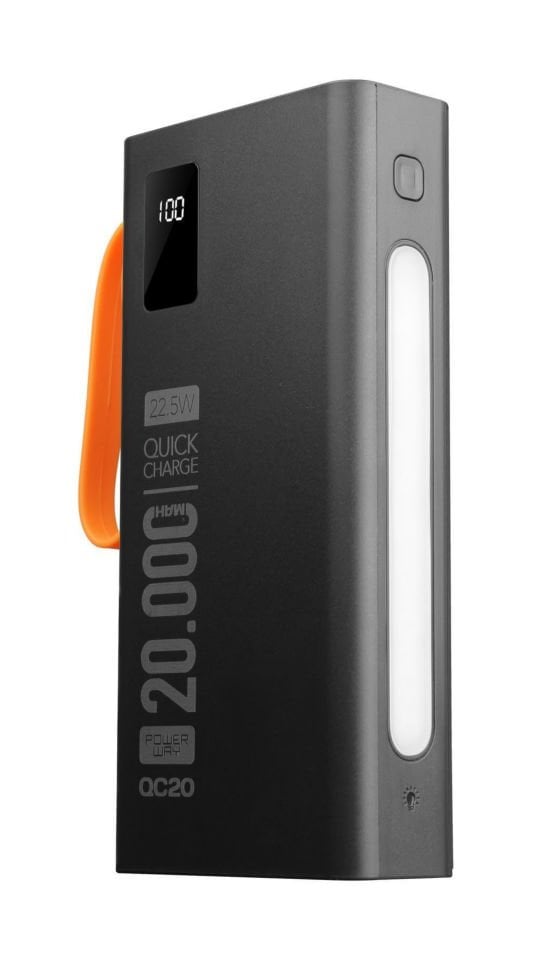 Powerway QC20 Siyah 20.000 Mah PD 22.5W Dahili Kablolu Hızlı Şarj Led Işıklı Powerbank