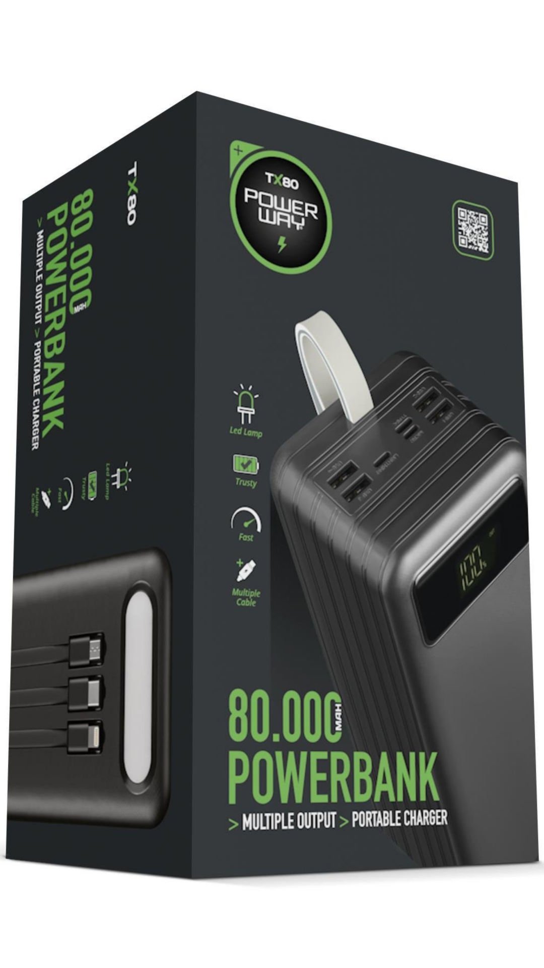 Powerway TX80 Siyah 80.000 mAh Çoklu Çıkış Dijital Göstergeli Ekstra Kablolu Powerbank