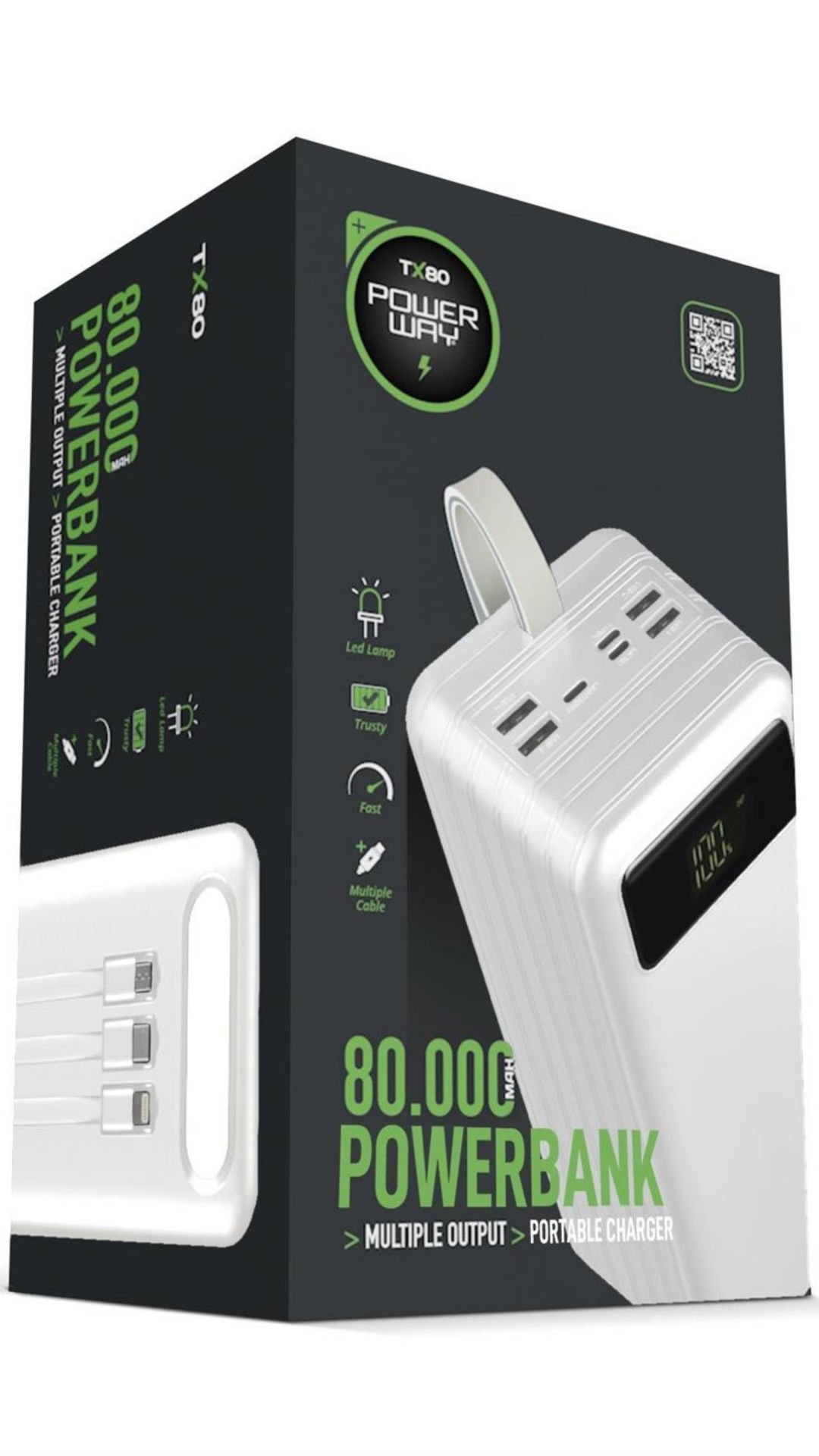 Powerway TX80 Beyaz 80.000 mAh Çoklu Çıkış Dijital Göstergeli Ekstra Kablolu Powerbank
