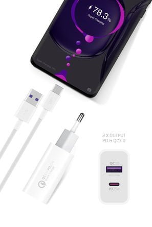 Powerway HWS25 PD 25W + USB QC 3.0 Çift Girişli Hızlı Şarj Seti (Kablolu)