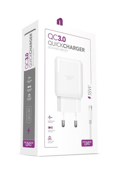 Powerway QCL30 Iphone 18W Hızlı Şarj Lightning Şarj Cihazı (Kablo Dahil)