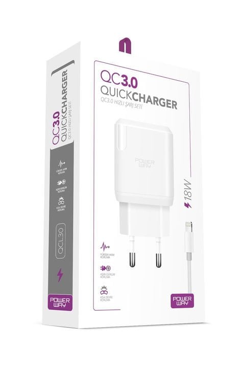 Powerway QCL30 Iphone 18W Hızlı Şarj Lightning Şarj Cihazı (Kablo Dahil)