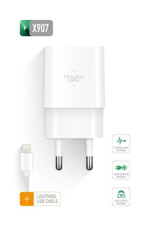 Powerway X907 Orjinal 2.1 Amper 5V iPhone Şarj Seti Kablo Dahil