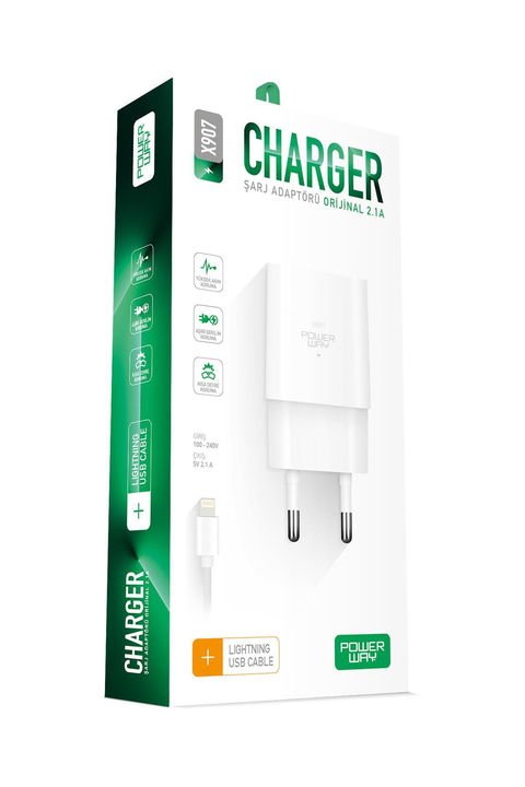 Powerway X907 Orjinal 2.1 Amper 5V iPhone Şarj Seti Kablo Dahil