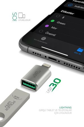 Powerway Mini Lightning Otg to Usb 3.0 Yüksek Hızlı Otg Çevirici Dönüştürücü Adaptör