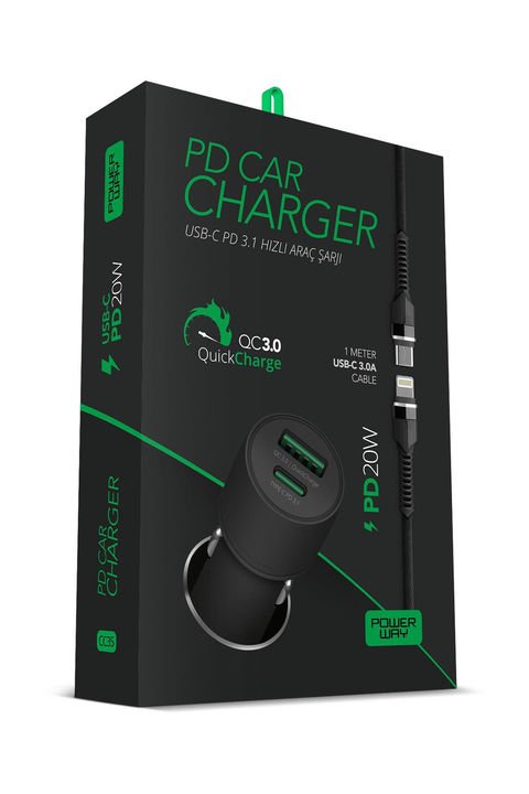 Powerway CC35 PD20W Hızlı Şarj Usb-A ve Type-C Girişli Dahili Kablo Araç Içi Çakmaklık