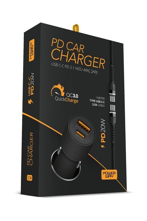 Powerway CC36 PD20W Hızlı Şarj Usb-A ve Type-C Girişli Dahili Kablo Araç Içi Çakmaklık