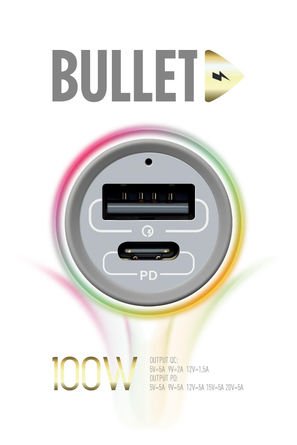 Powerway Bullet 100W Araç Çakmaklık Şarj Cihazı Type-C ve Usb Çıkışlı Profesyonel Turbo Hızlı Şarj