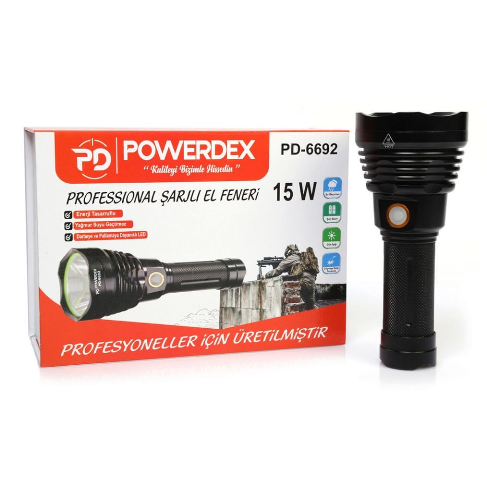 Powerdex PD-6692 15Watt Süper LED Profesyonel Şarjlı El Feneri