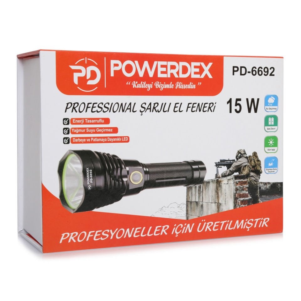 Powerdex PD-6692 15Watt Süper LED Profesyonel Şarjlı El Feneri