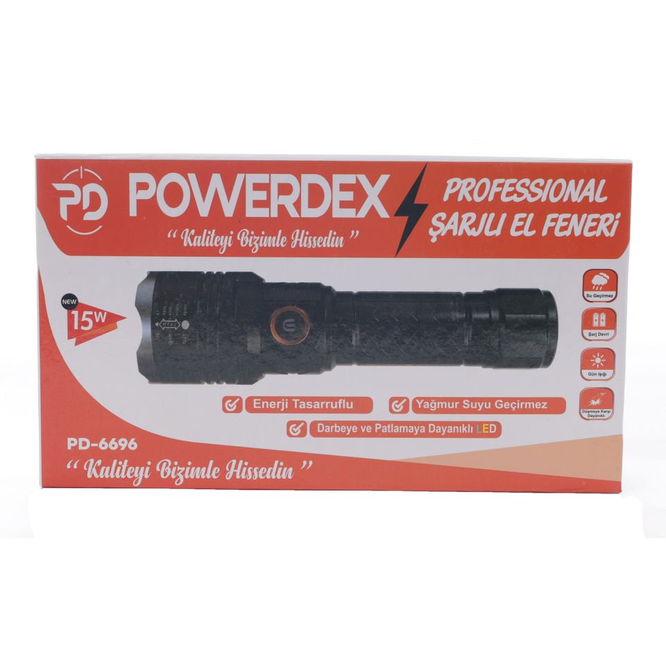 Powerdex PD-6696 Yağmur Suyu Geçirmez 15Watt Süper LED Profesyonel Şarjlı El Feneri