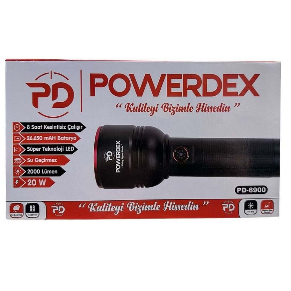 Powerdex PD-6900 20Watt 2000 Lümen Zoomlu Şarjlı El Feneri