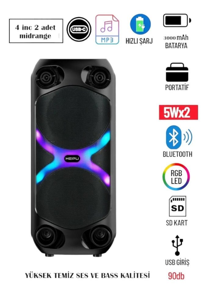 HEPU HP 960 Taşınabilir Şarjlı Rgb Led Bluetooth Hoparlör 4 inc2