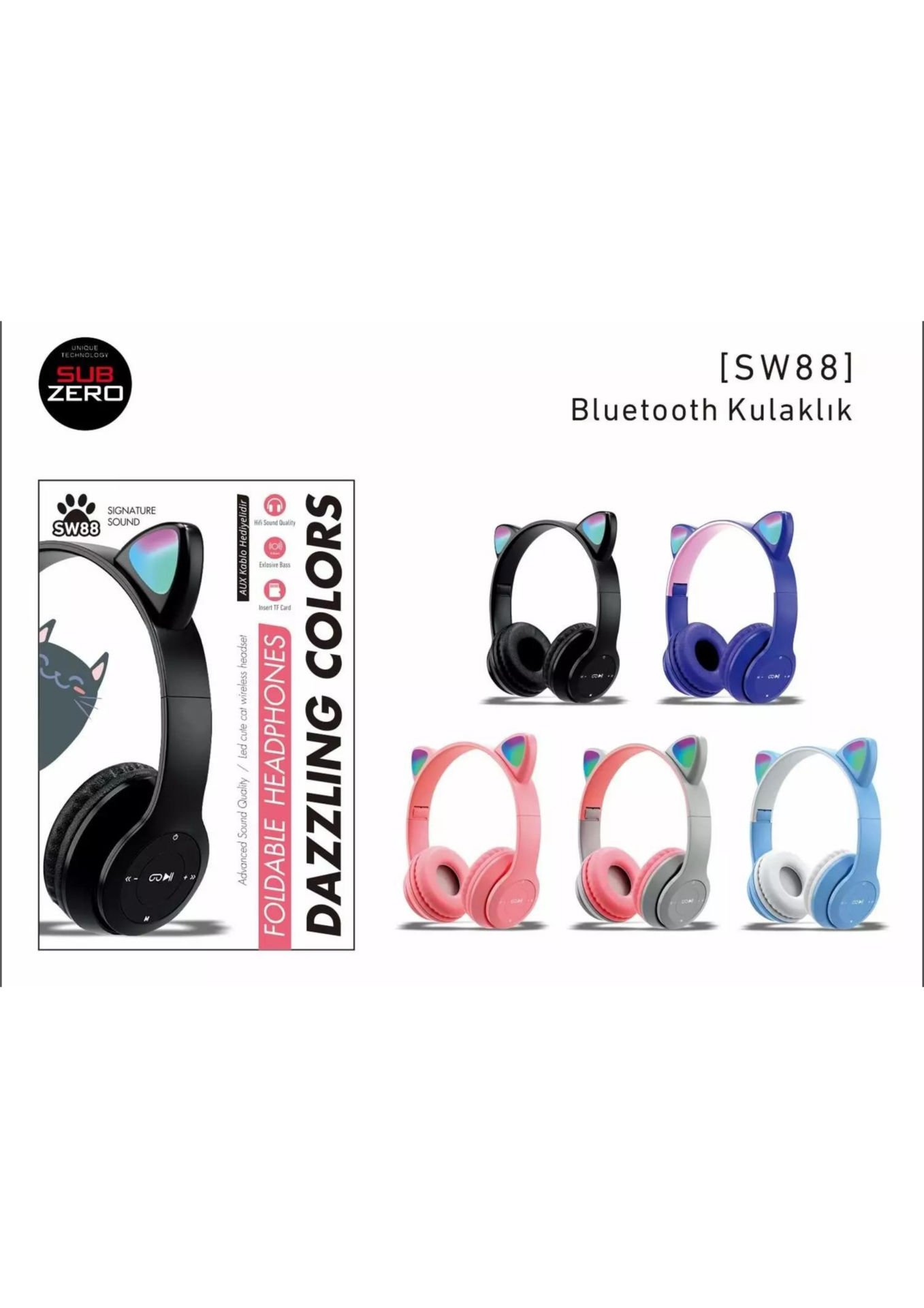 Subzero SW88 Bluetooth Kedi Kulaklık Katlanabilir Kulaklık - Siyah