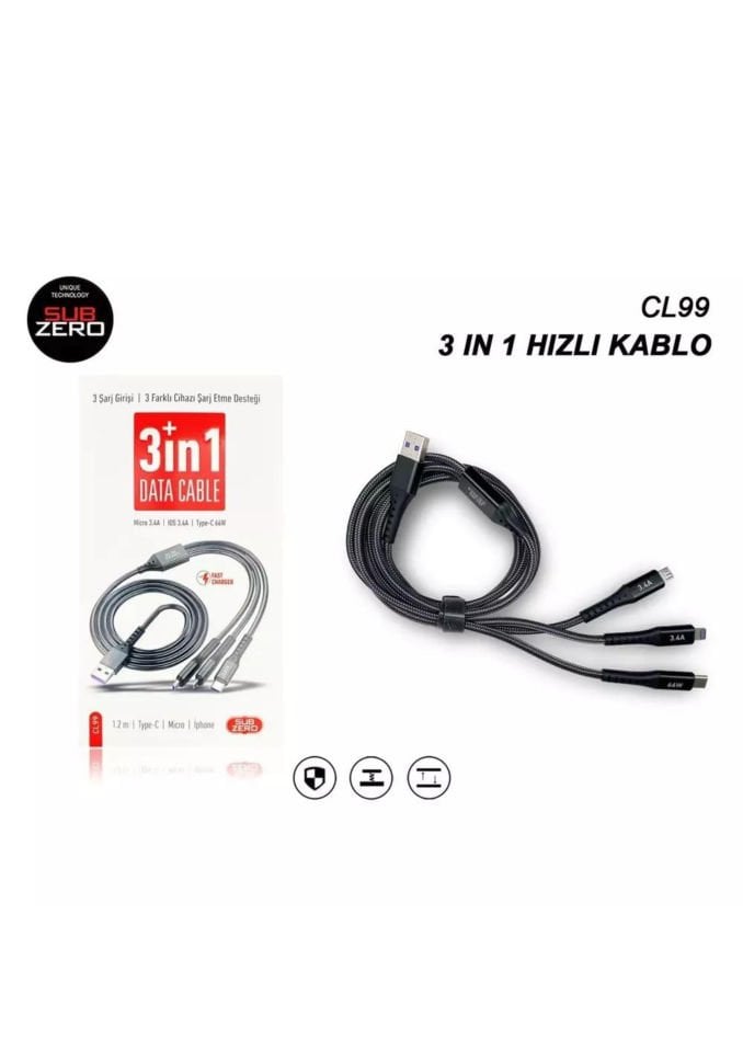 Subzero CL99 3in1 Şarj Kablosu 66w Salise Gösterir