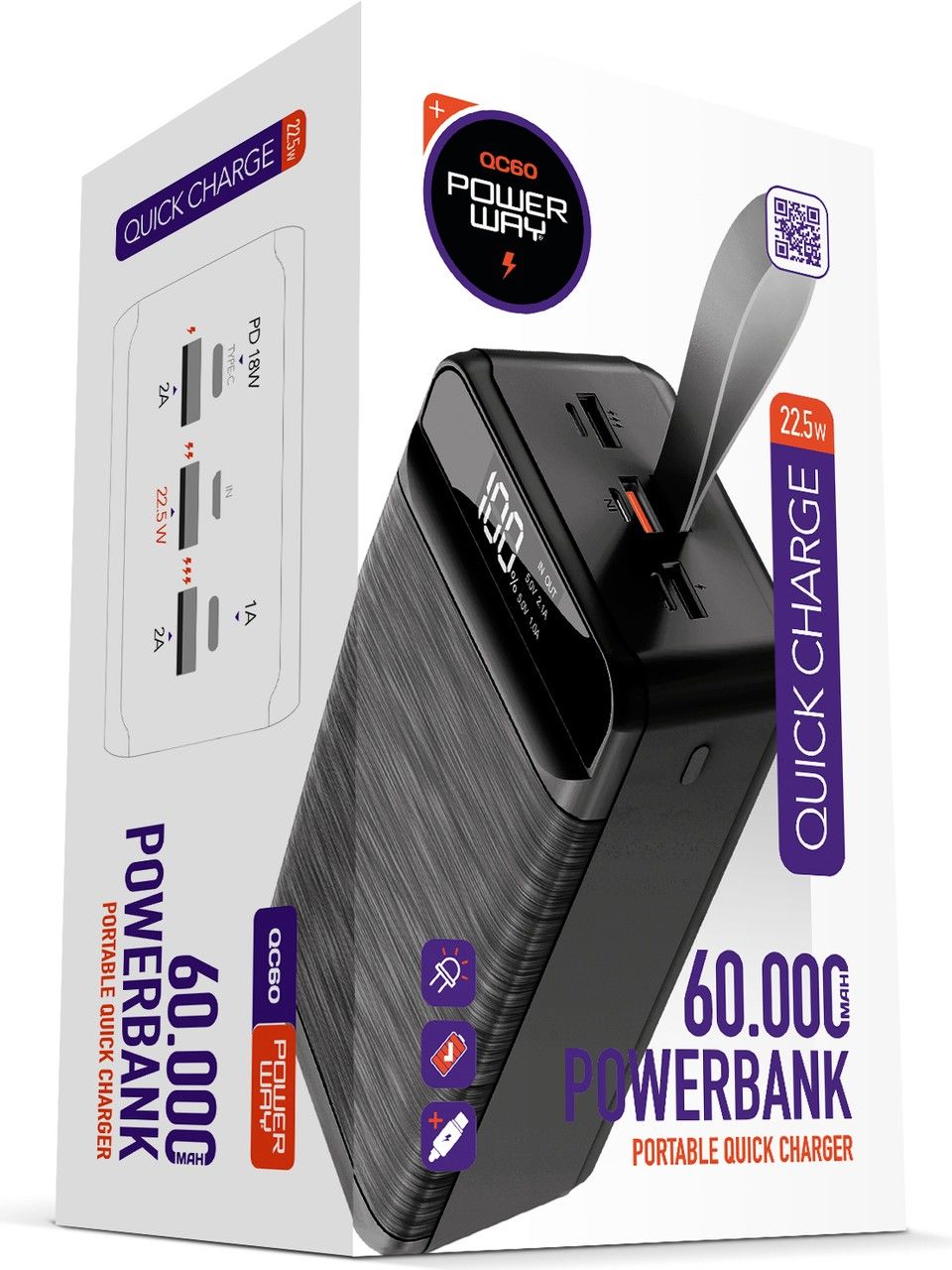 Powerway Pd 22.5W 60.000 Mah 3.0 Hızlı Şarj (Gerçek 60.000 Mah ) QC60 Powerbank