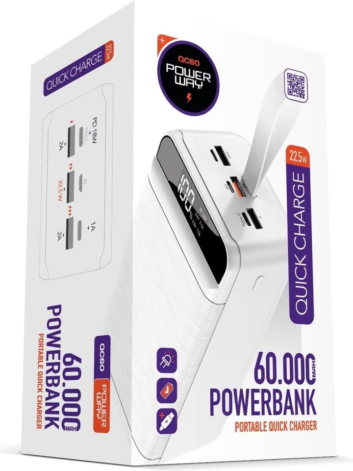Powerway Pd 22.5W 60.000 Mah 3.0 Hızlı Şarj (Gerçek 60.000 Mah Garantili) QC60 Powerbank