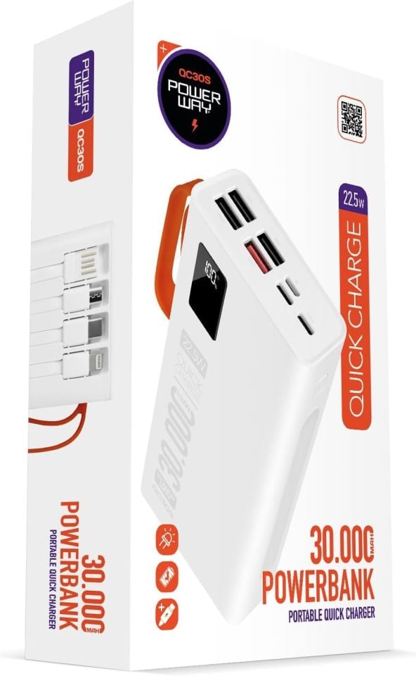 Powerway QC30S 30.000 Mah Pd 22,5W Dahili Kablolu Powerbank