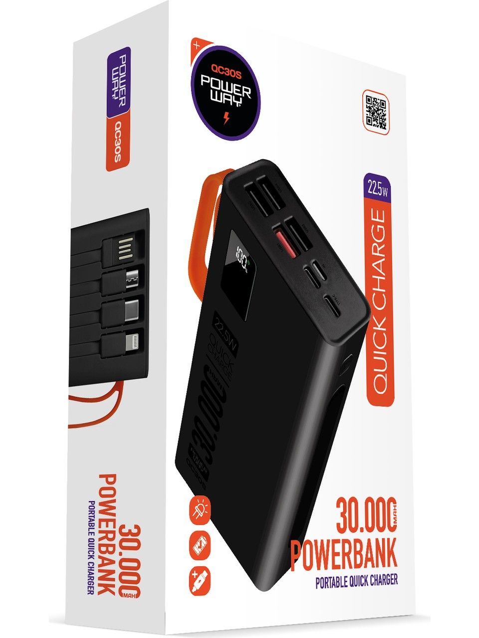Powerway 30.000 Mah Pd 22.5W Dahili Kablolu Hızlı Şarj LED Fener Gerçek 30.000 Mah QC30S Powerbank